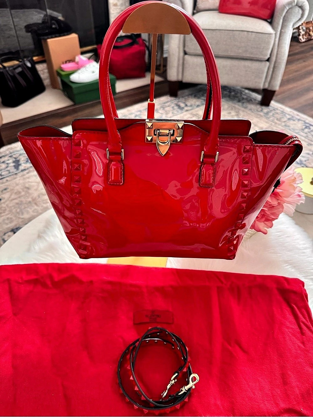 Valentino Garavani Medium Rockstud Trapeze Tote in Red